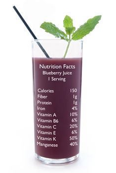 Blueberry smoothie in a glass with mint leaves with nutrition facts 