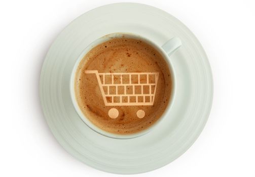 Shopping cart symbol inside a cup of coffee with space