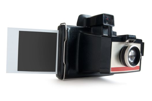 Polaroid instant camera with photo print over a white background