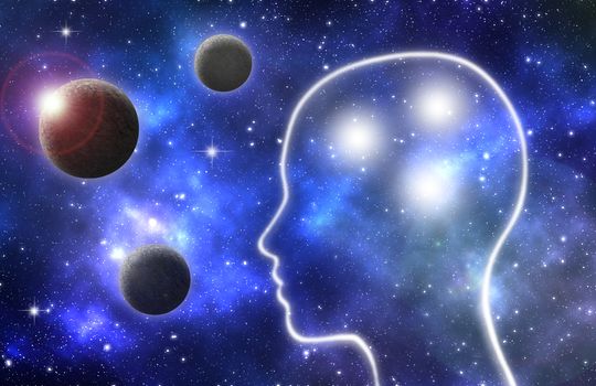 Glowing human profile within a galaxy of planets and stars 