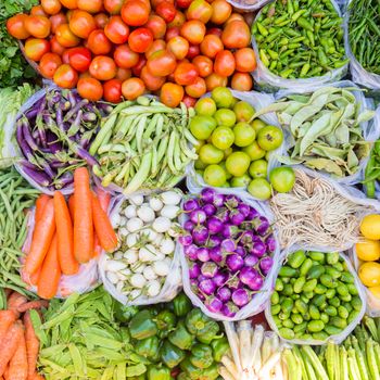 Farmers market with various domestic colorful fresh fruits and vegetable. Tasty colorful mix. Square composition.