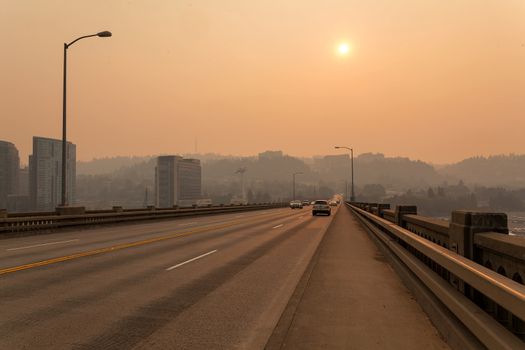 Afternoon Haze and air pollution on Ross Island Bridge in Portland Oregon due to forest wildfires