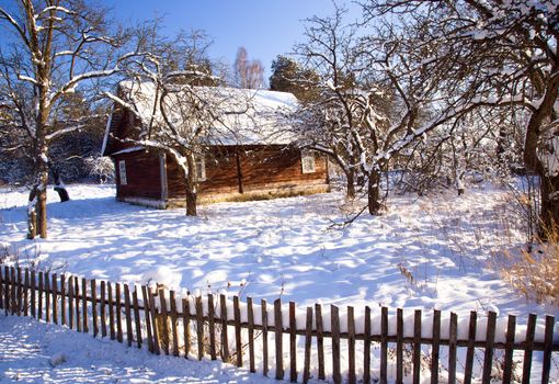 the wooden house made of a tree and photographed in a winter season
