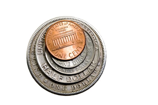 American metal coins, isolated on white