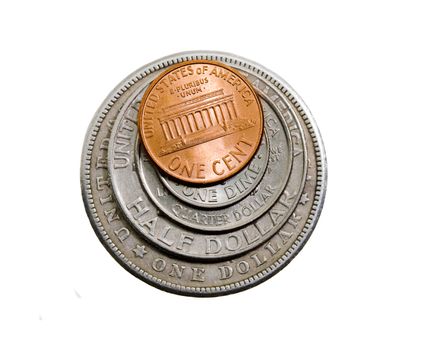 American metal coins, isolated on white
