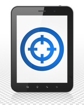 Business concept: black Tablet Pc Computer with blue Target icon on display