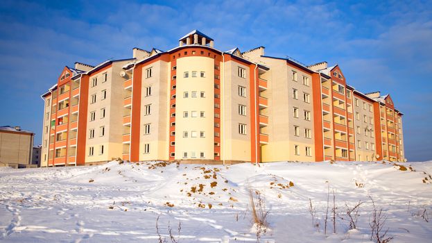 multi-storey building, photographed in winter