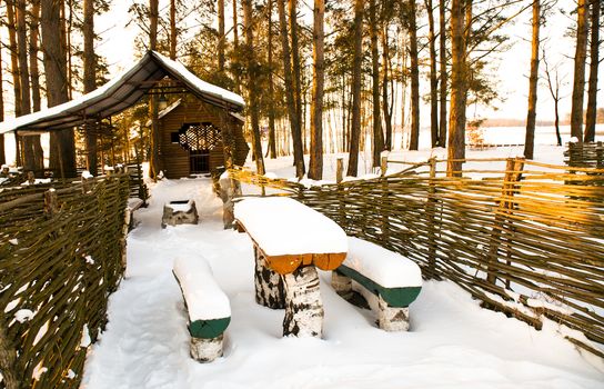the wooden buildings during the winter. infrastructure