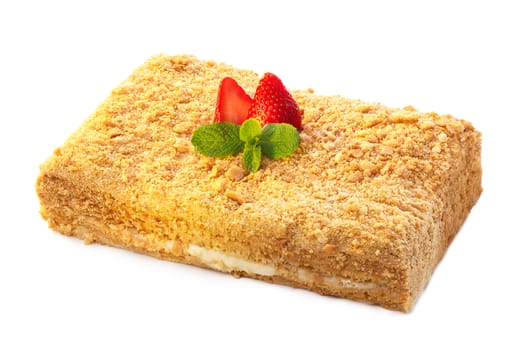 Baked strawberry dessert with cream. Sweet strawberry tart isolated on white