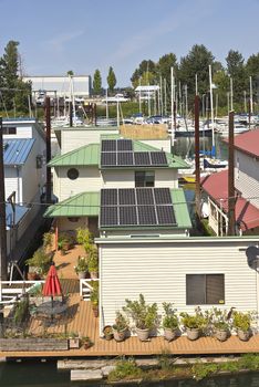 Rooftops and floating houses in a marina portland Oregon.