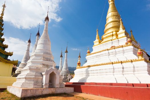 Buddhist temple close to Pindaya Cave located next to the town of Pindaya, Shan State, Burma, Myanmar,  Famous buddhist pilgrimage site and a tourist attraction.