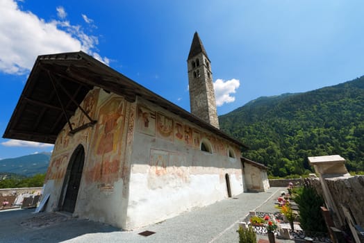 Ancient church of Sant'Antonio Abate (XV century) in Pelugo, Val di Fassa, Trento Italy 