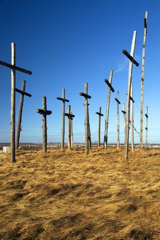  the wooden crosses located on a height in the city of Oshmyany. Belarus
