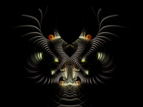The abstract dark image on black background  similar to the portal entrance to the fantastic castle or a horrible mythical animal, such as the monstrous goat with spirally twisted horns.