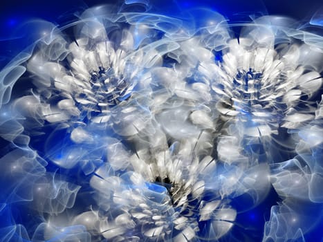 Abstract white flowers like chrysanthemum on blue background computer-generated image