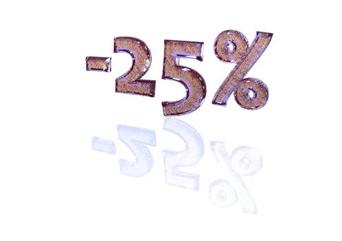 Transparent inscription minus 25 percent with a set of gold signs of percent in it