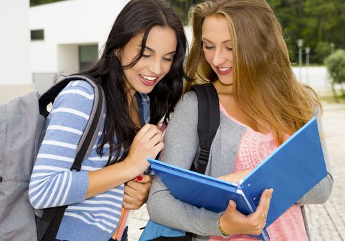 Two beautiful teenage students studying and showing something in the books