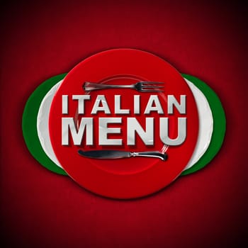 Restaurant menu with green, red and white plates, text Italian Menu and silver cutlery. On a red velvet background with shadows.