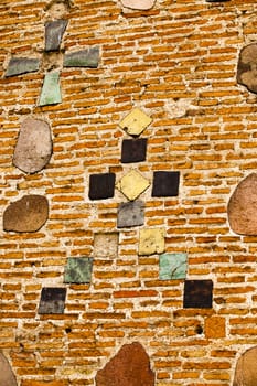  a brick wall of the ancient church located in the city of Grodno, Belarus. St Barys and Hleb Church, XI century