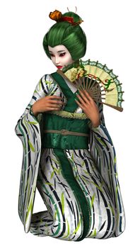 3D digital render of a beautiful geisha isolated on white background