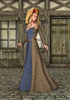 3D digital render of a beautiful medieval lady on an old city background