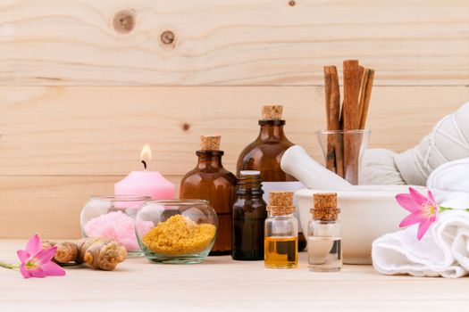 Natural Spa Ingredients Aromatherapy and Natural Spa theme  on wooden background.