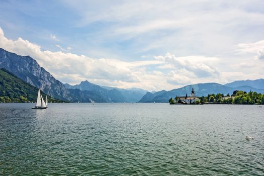 Schloss Ort, castle in Gmunden, Austria, Europe at the Lake Traunsee - view from city center, promenade