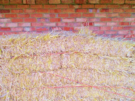 red Brick wall with hay straw bales and copyspace