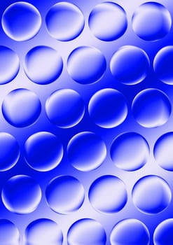 Before a blue striped background with translucent spheres.