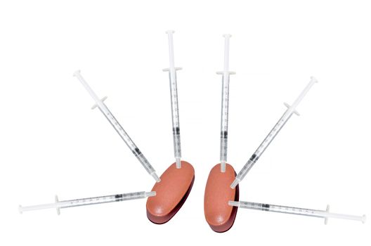 Tablets pills capsules, syringe and medicine