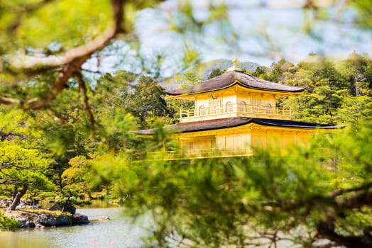 Kinkakuji (Golden Pavilion) is a Zen temple in northern Kyoto whose top two floors are completely covered in gold leaf.