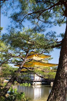 Kinkakuji (Golden Pavilion) is a Zen temple in northern Kyoto whose top two floors are completely covered in gold leaf.