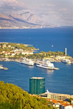Split harbor and Biokovo mountain vertical view, Dalmatia, Croatia