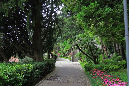 Path of the beautiful botanical garden located in a villa in Varenna,on Como lake,Italy                 