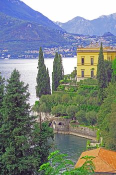 Beautiful view of a villa on Como lake near Varenna,Italy                         