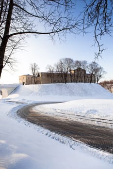   an old city fortress of Grodno, a winter season.  it is constructed in the XI century.