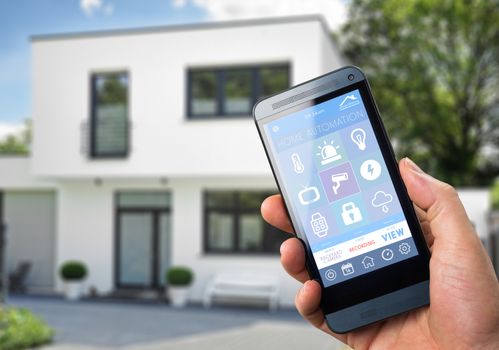 smart house, home automation, device with app icons. Man uses his smartphone with smarthome security app to unlock the door of his house.