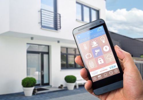 smart house, home automation, device with app icons. Man uses his smartphone with smarthome security app to unlock the door of his house.