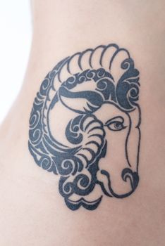A tribal style sheep tattoo on a woman's back and hip.