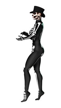 3D digital render of a young woman wearing a skeleton costume for Halloween party isolated on white background