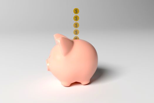 Isolated Piggy Bank with dropping coins on white background.