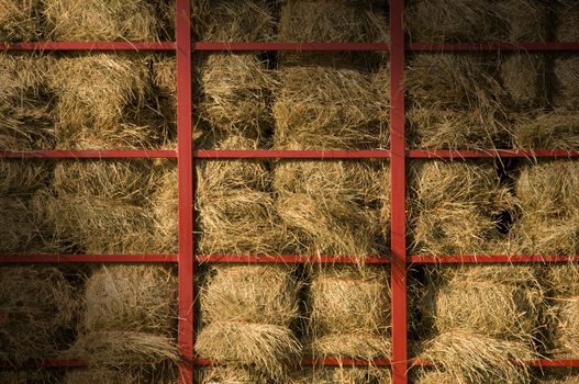 Hay bales piled within a cart with red metal bars lit diagonally