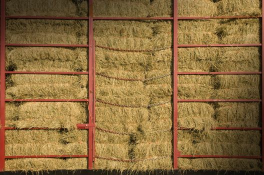 Hay bales piled within a cart with red metal bars