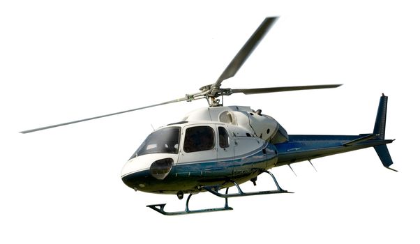 Blue and white helicopter in flight isolated against white background