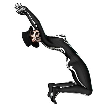 3D digital render of a young woman wearing a skeleton costume for Halloween party isolated on white background