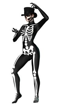 3D digital render of a young woman wearing a skeleton costume for Halloween party isolated on white background