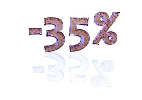 Transparent inscription minus 35 percent with a set of gold signs of percent in it