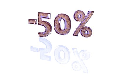 Transparent inscription minus 50 percent with a set of gold signs of percent in it
