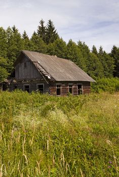   the ancient wooden thrown house located in rural areas. Belarus