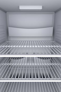 Inside view of an empty white fridge with closed door